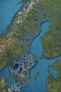 Map of Sweden with railway lines overlaid